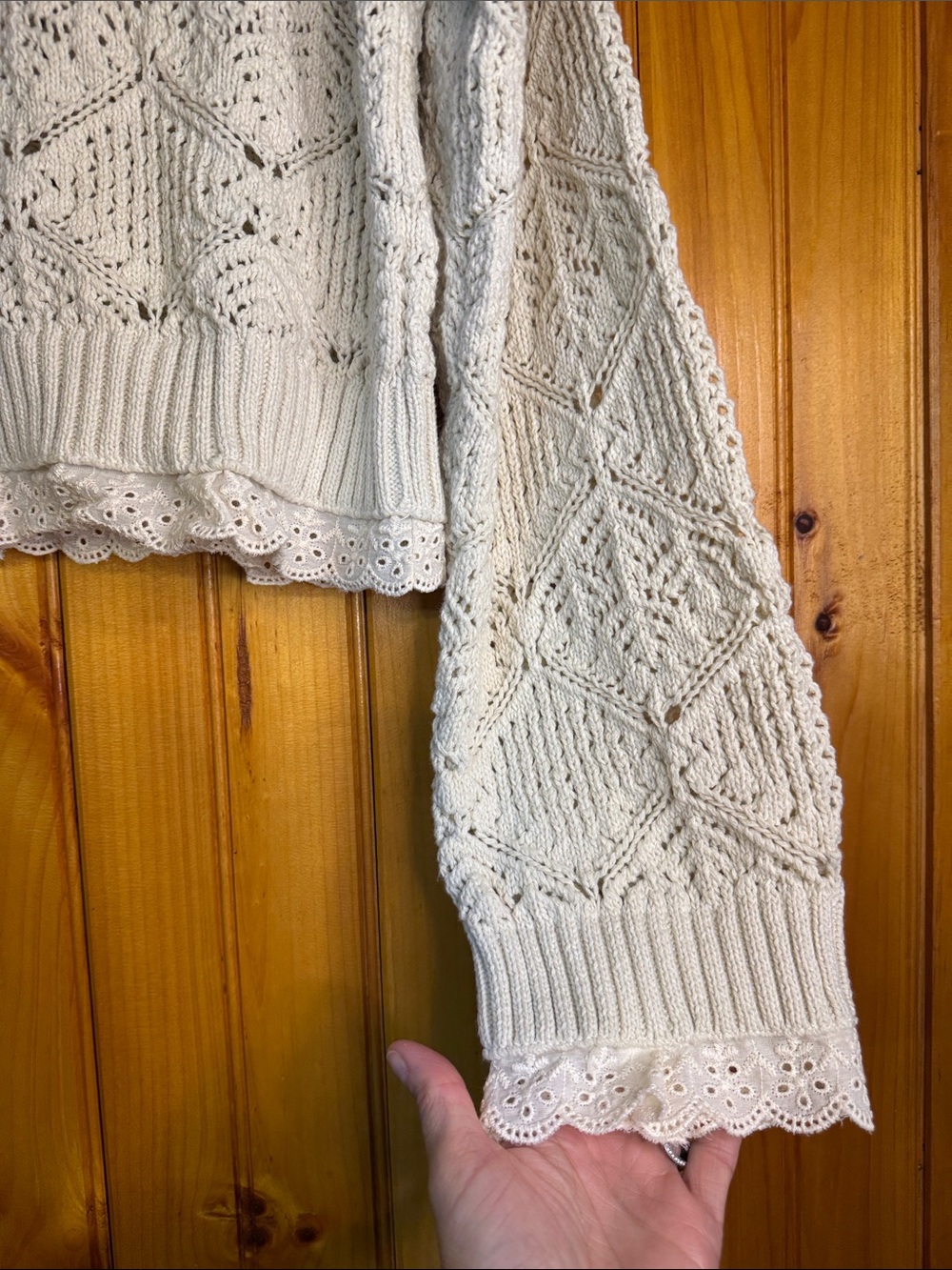Zara Ivory Openwork Knit Sweater with Lace Hem Trim - Picture 8 of 11